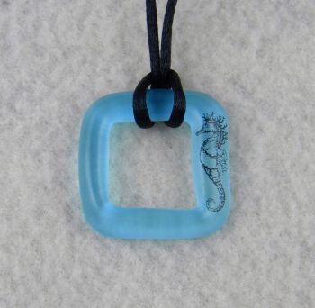 Light blue sandblasted recycled bottle pendant - Seahorse decal