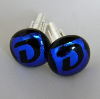 Handmade Fused Glass Cuff Links with Dichroic "D" for Dad - Dark blue