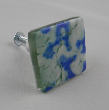 Handmade fused glass drawer pull (green, blue, white crackle)