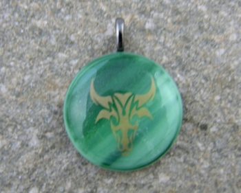 Fused Glass Pendant - Green Streaky glass with the Taurus Western Zodiac symbol