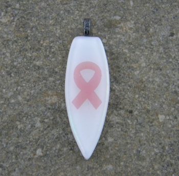 Fused Glass Pendant - White Iridized Shield with Pink Ribbon