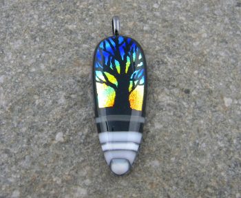 Fused Glass Pendant - Hand Etched Rainbow Dichroic Tree