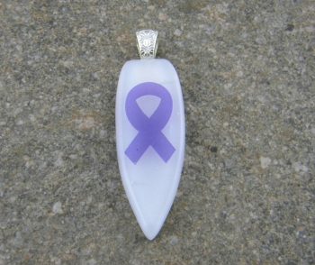 Fused Glass Pendant - White Iridized Shield with Purple Ribbon