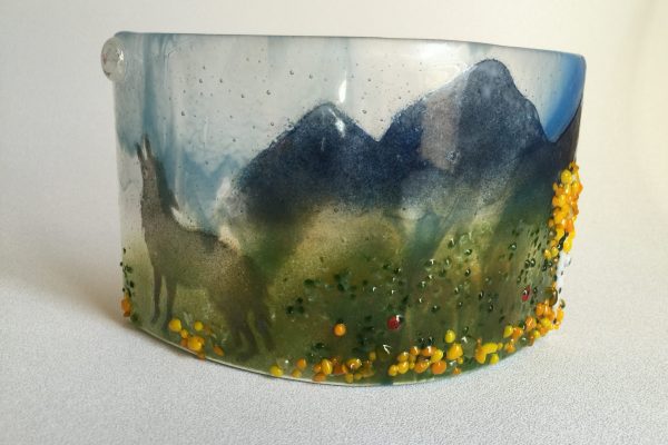 Fused Glass mountain scene candle screen